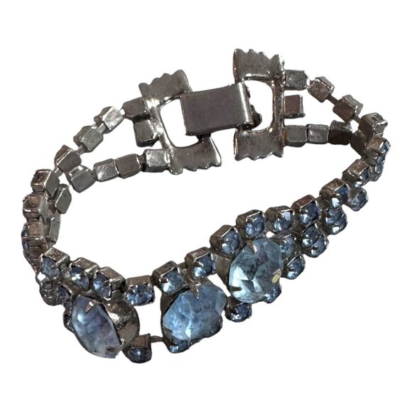 Vintage Juliana  Silver Tone Blue Glass Rhinestone Bracelet  7" Elegant Art Deco - Picture 3 of 8